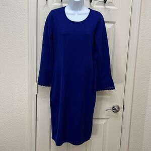 DKNY Royal Blue Sweater Dress Scoop Neck 3/4 Flare Scalloped Sleeves Midi New